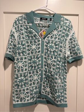 Murano Green & White Crochet Knit Button-Up Polo BRAND NEW